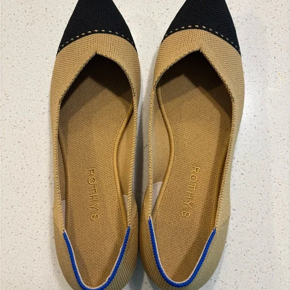 Rothy's Tan and Black Pointed Toe Flats - Picture 1 of 5